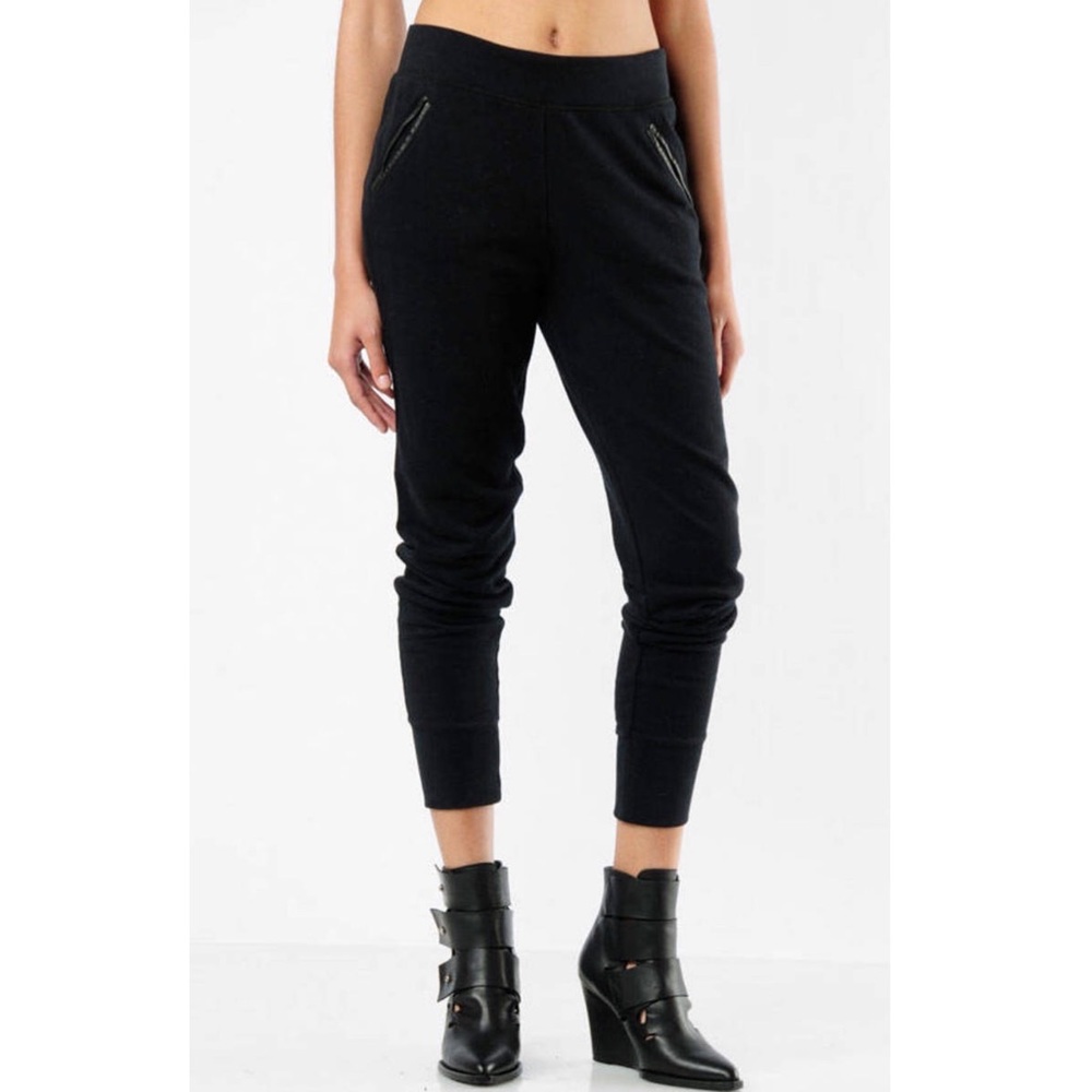 T BY ALEXANDER WANG black leather trimmed jogger sweatpants L
